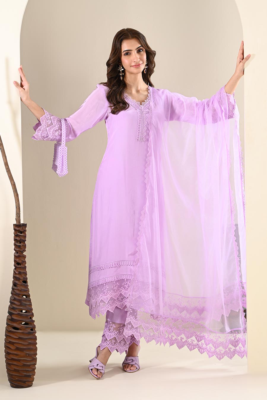 Lavender Crepe Lace Embellished Kurta Set