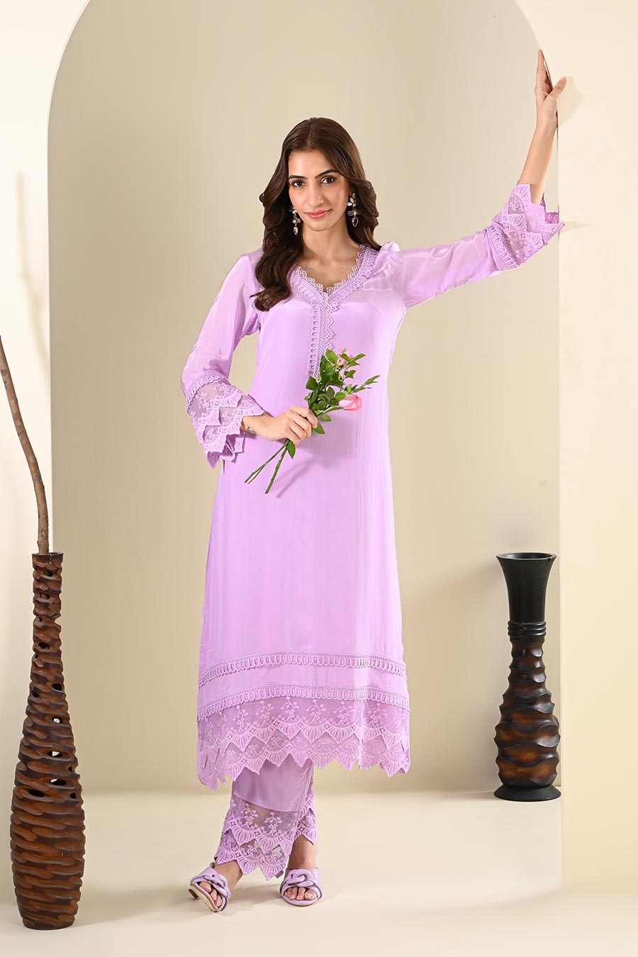 Lavender Crepe Lace Embellished Kurta Set