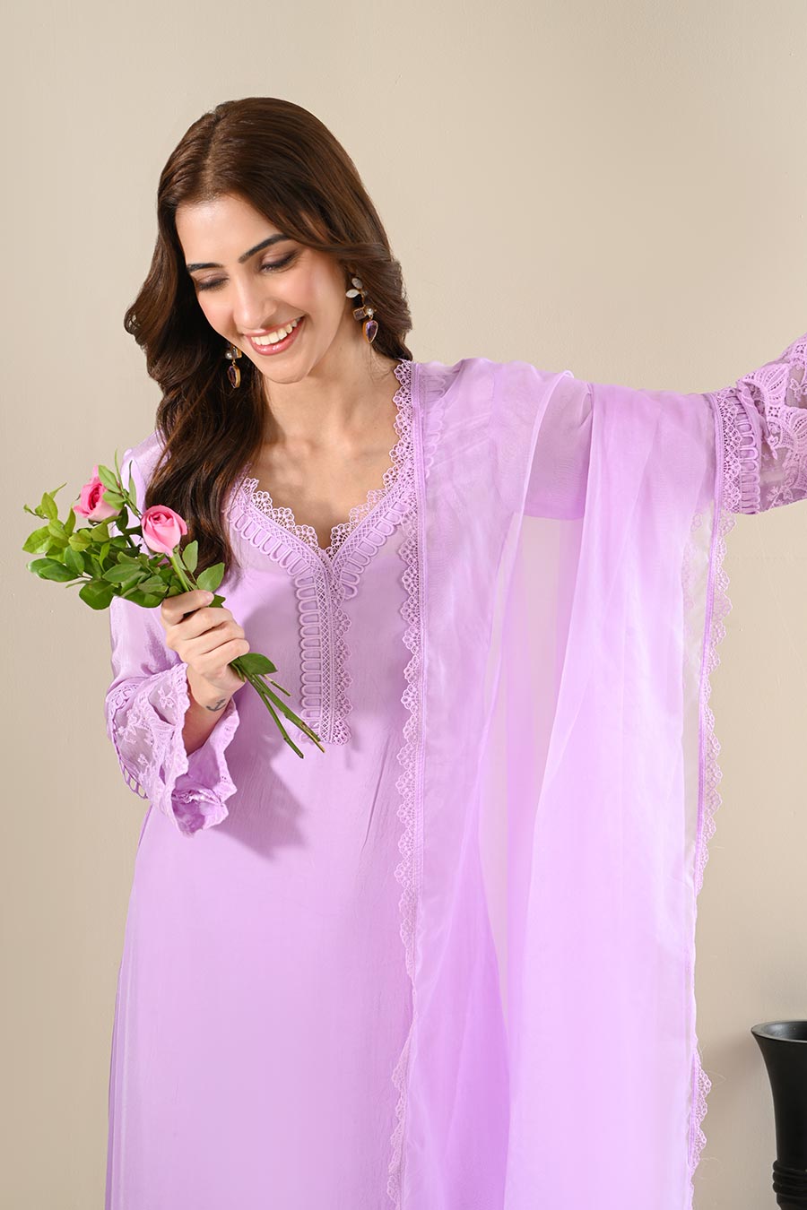 Lavender Crepe Lace Embellished Kurta Set