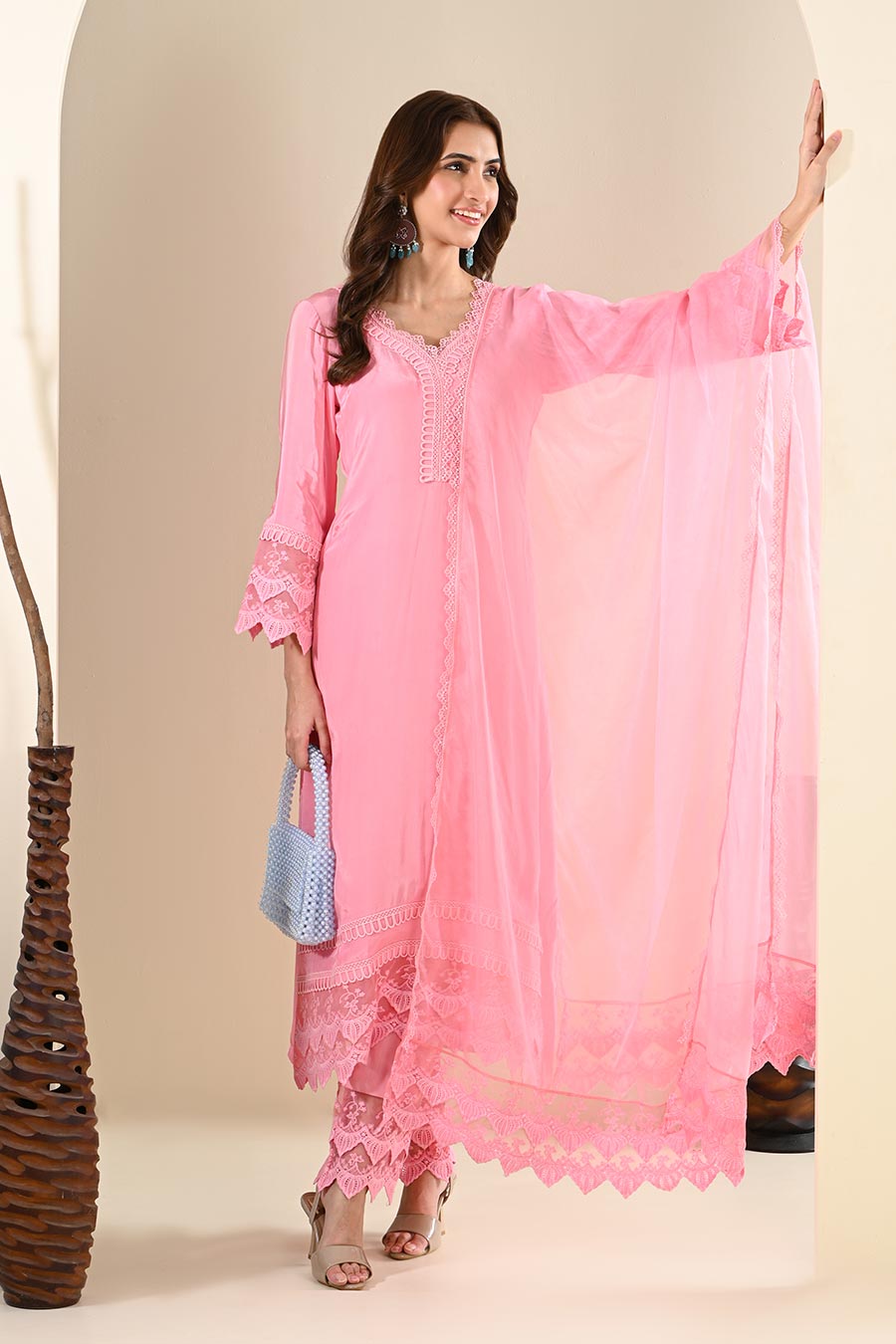 Pink Crepe Lace Embellished Kurta Set
