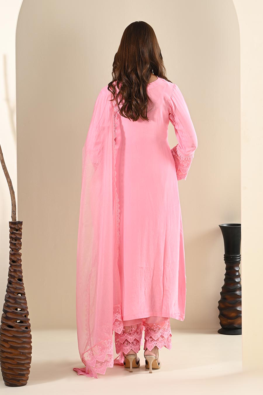 Pink Crepe Lace Embellished Kurta Set