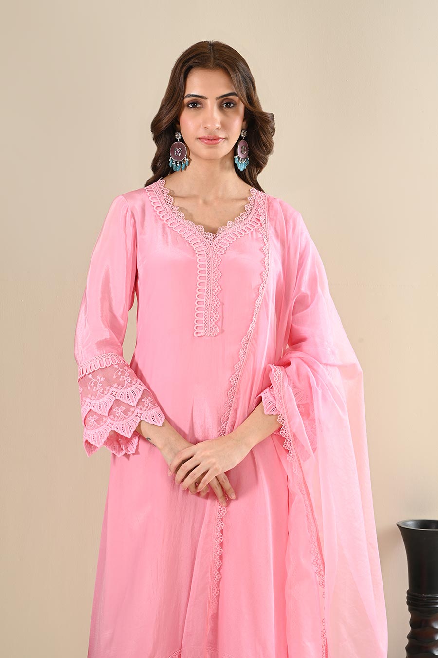 Pink Crepe Lace Embellished Kurta Set