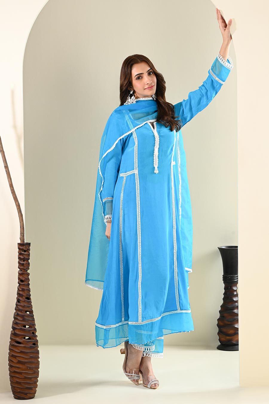 Blue Crepe Lace Embellished Kurta Set