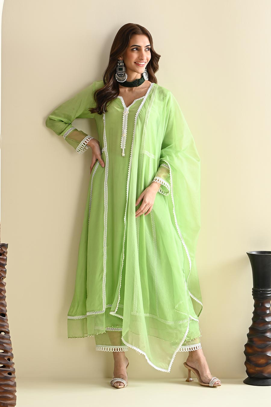 Green Crepe Lace Embellished Kurta Set