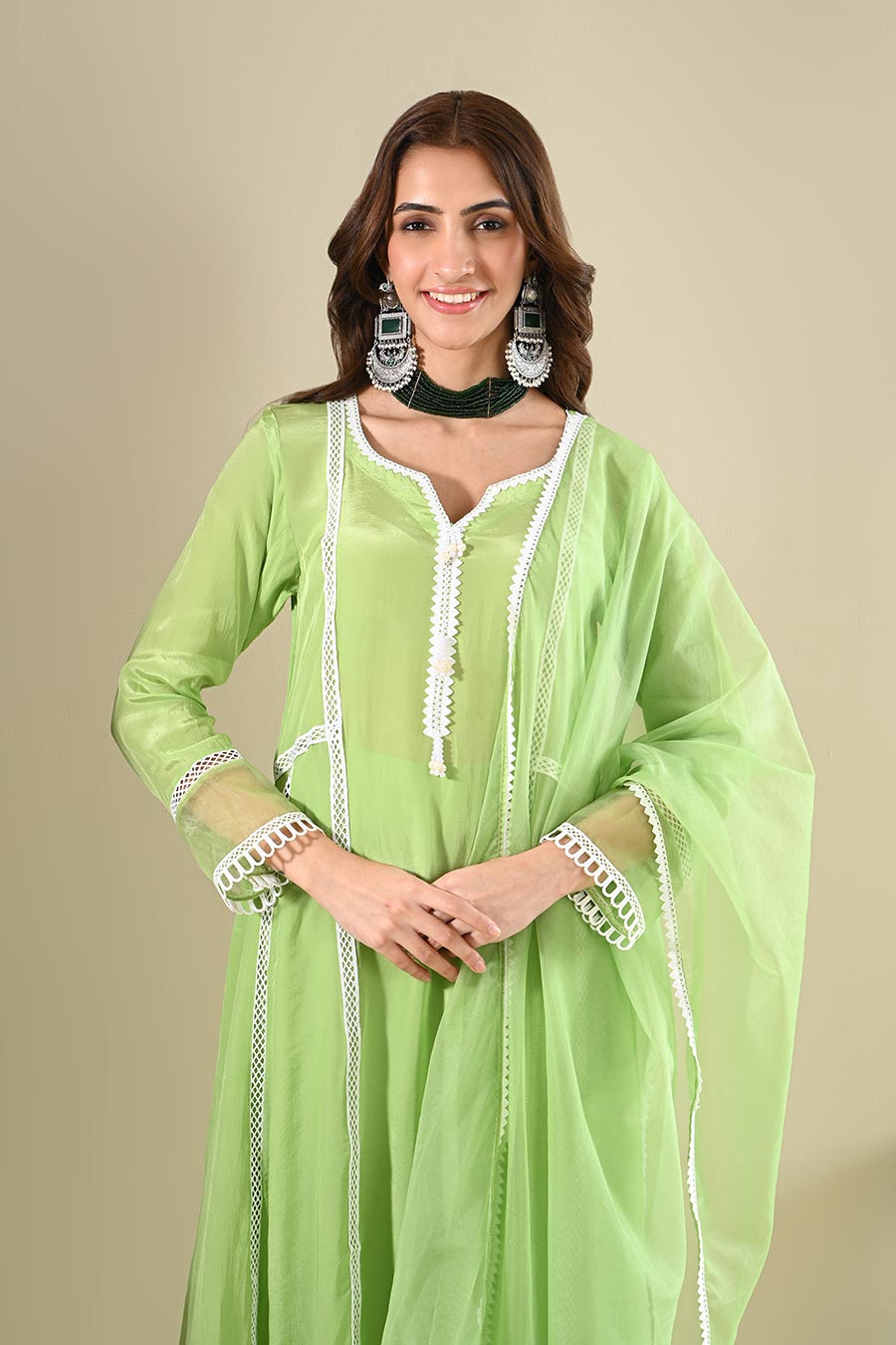 Green Crepe Lace Embellished Kurta Set