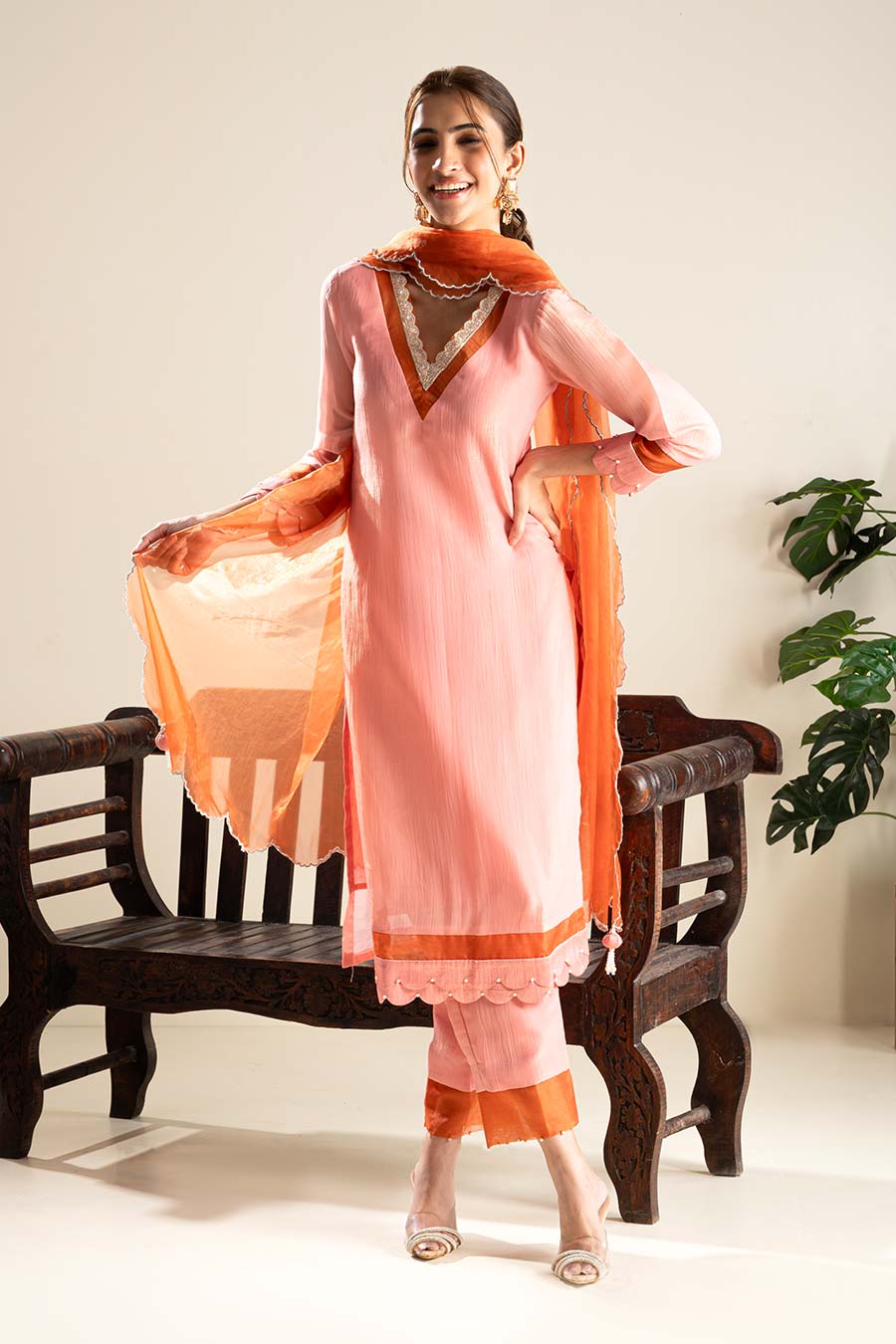 Pink Crushed Silk Lace Embellished Kurta Set
