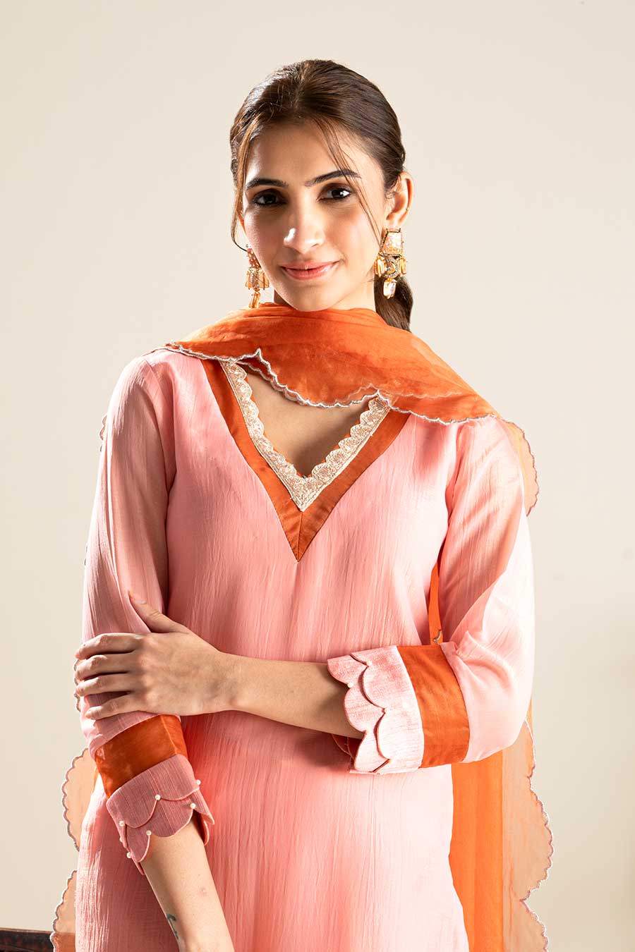 Pink Crushed Silk Lace Embellished Kurta Set