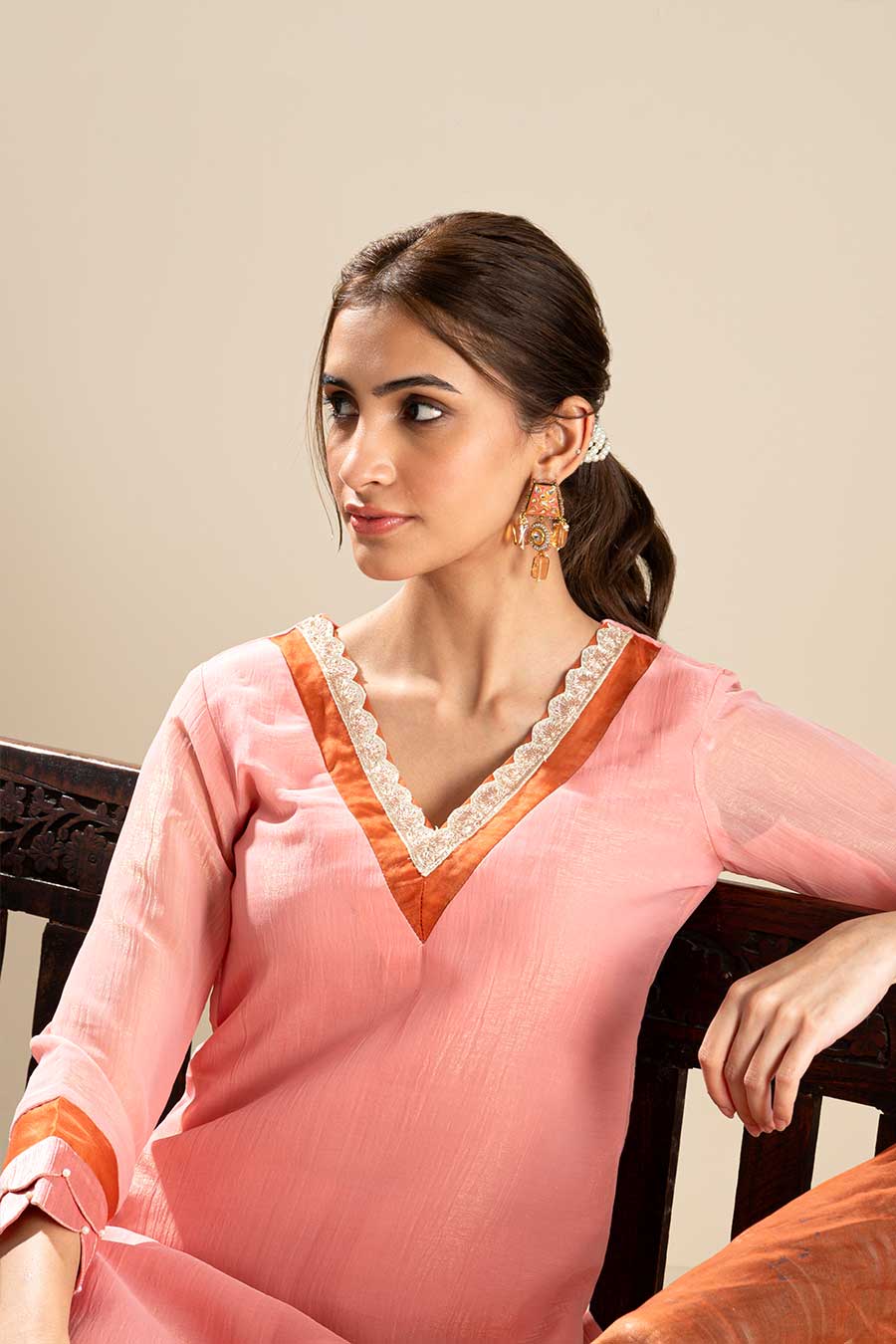 Pink Crushed Silk Lace Embellished Kurta Set