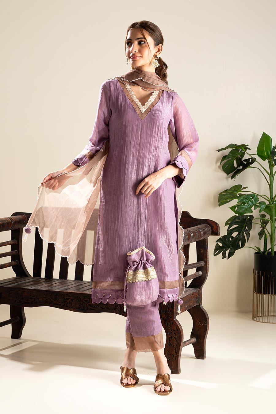 Purple Crushed Silk Lace Embellished Kurta Set