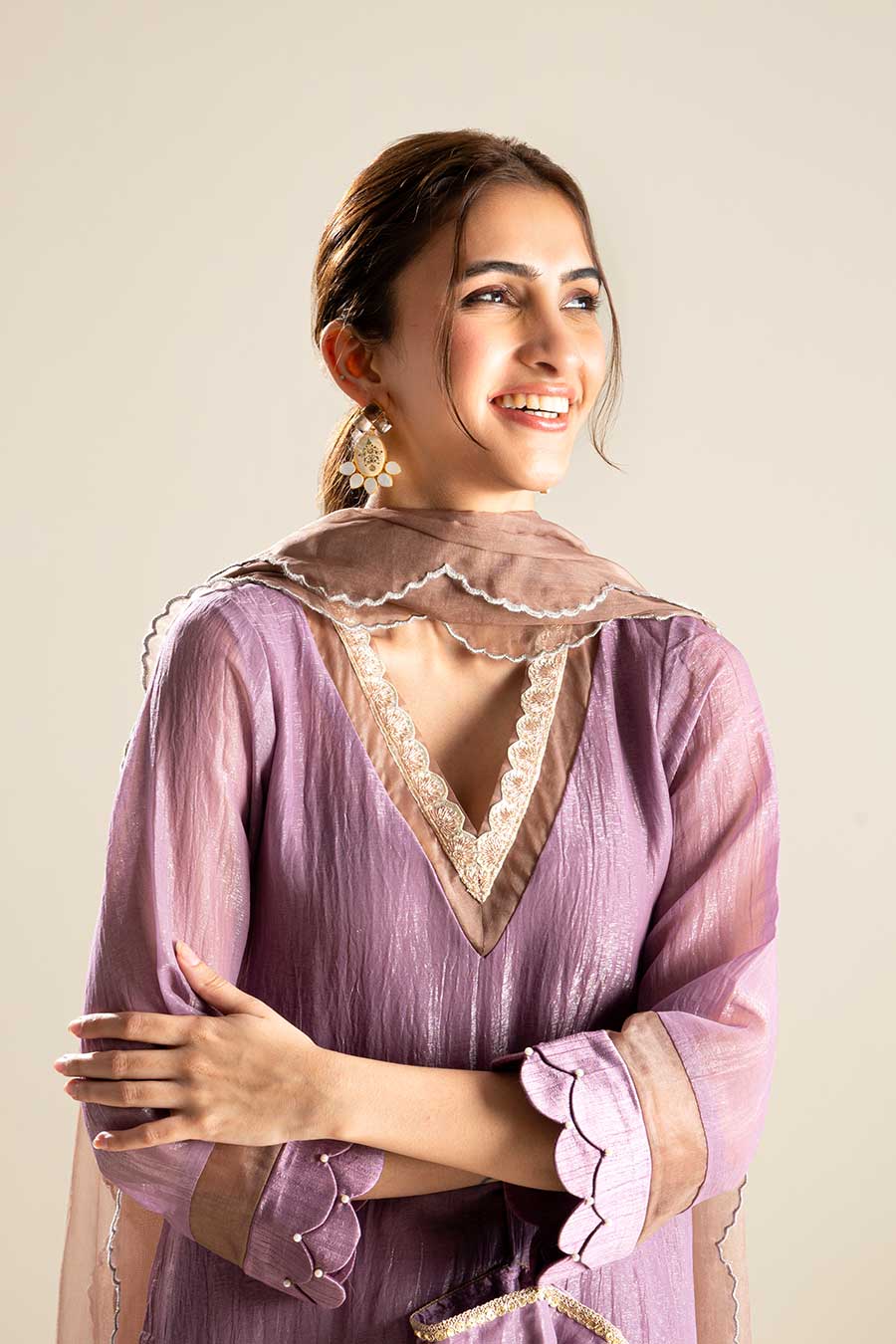 Purple Crushed Silk Lace Embellished Kurta Set