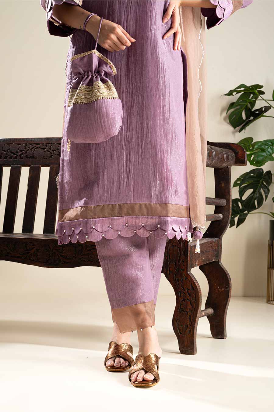 Purple Crushed Silk Lace Embellished Kurta Set