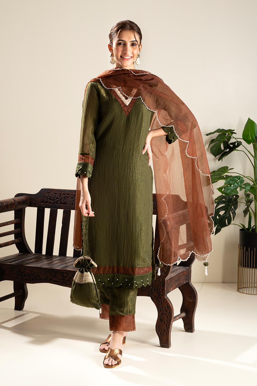 Green Crushed Silk Lace Embellished Kurta Set