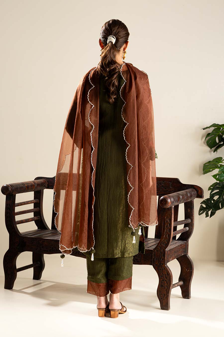 Green Crushed Silk Lace Embellished Kurta Set