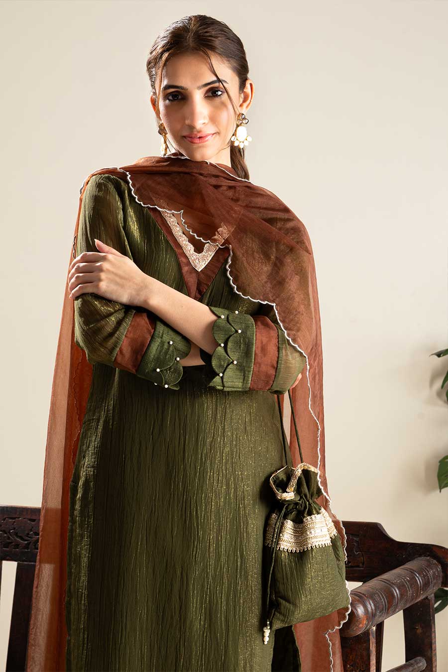 Green Crushed Silk Lace Embellished Kurta Set
