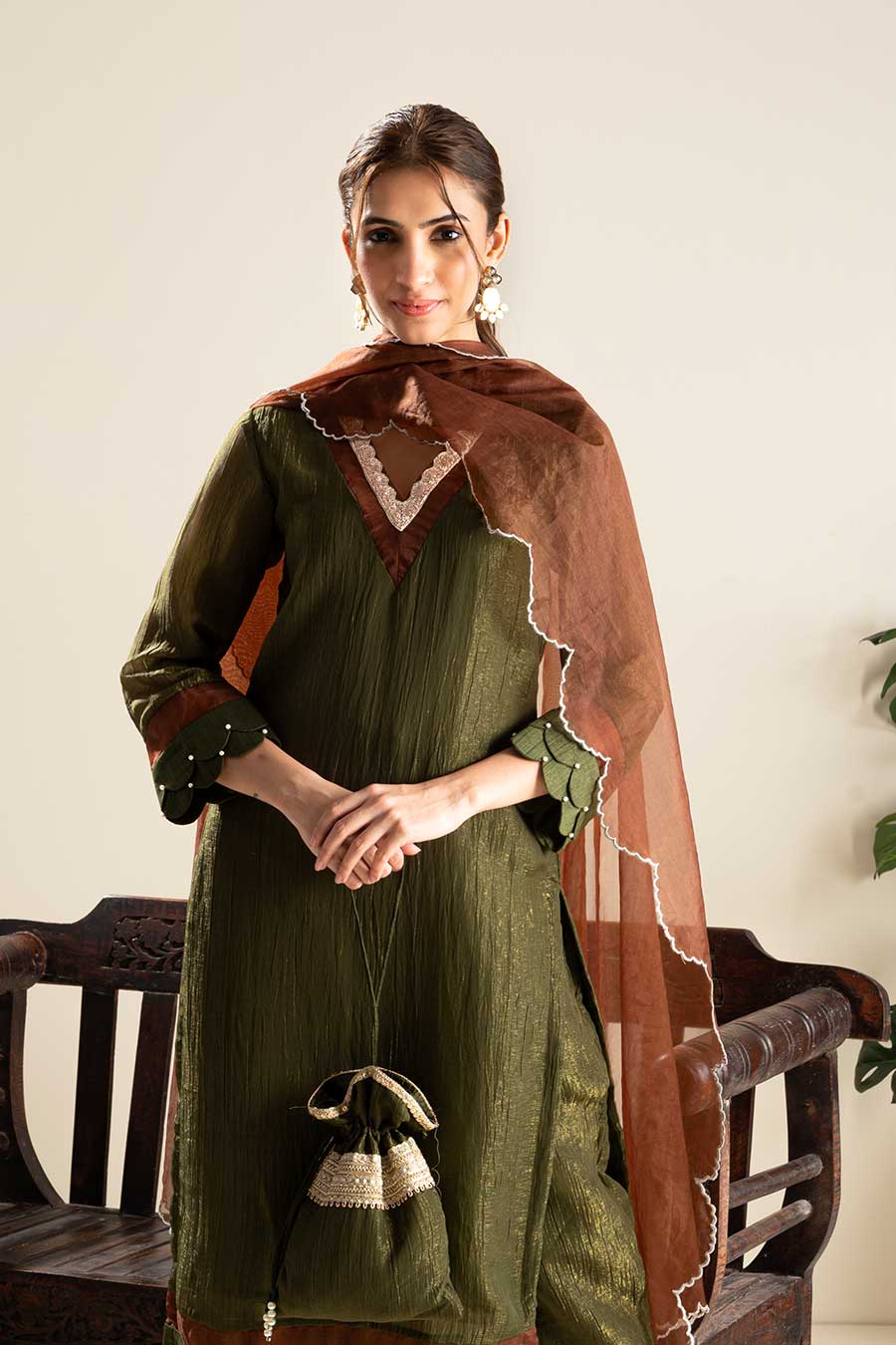 Green Crushed Silk Lace Embellished Kurta Set