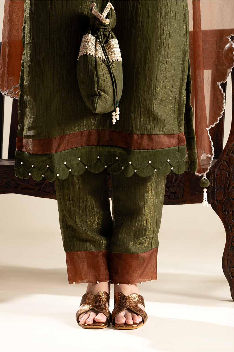 Green Crushed Silk Lace Embellished Kurta Set