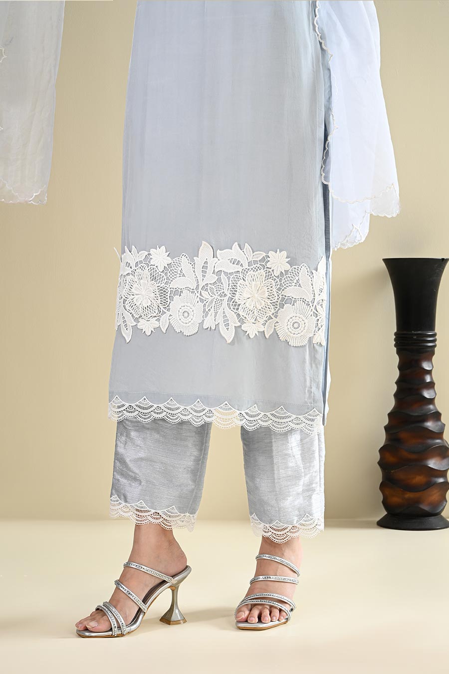 Grey Cotton Lace Embellished Kurta Set