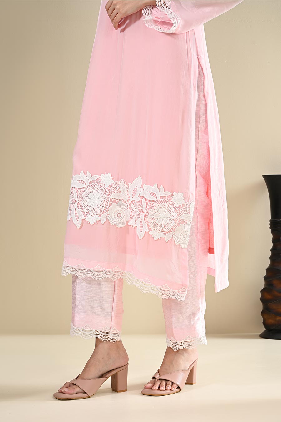 Pink Cotton Lace Embellished Kurta Set