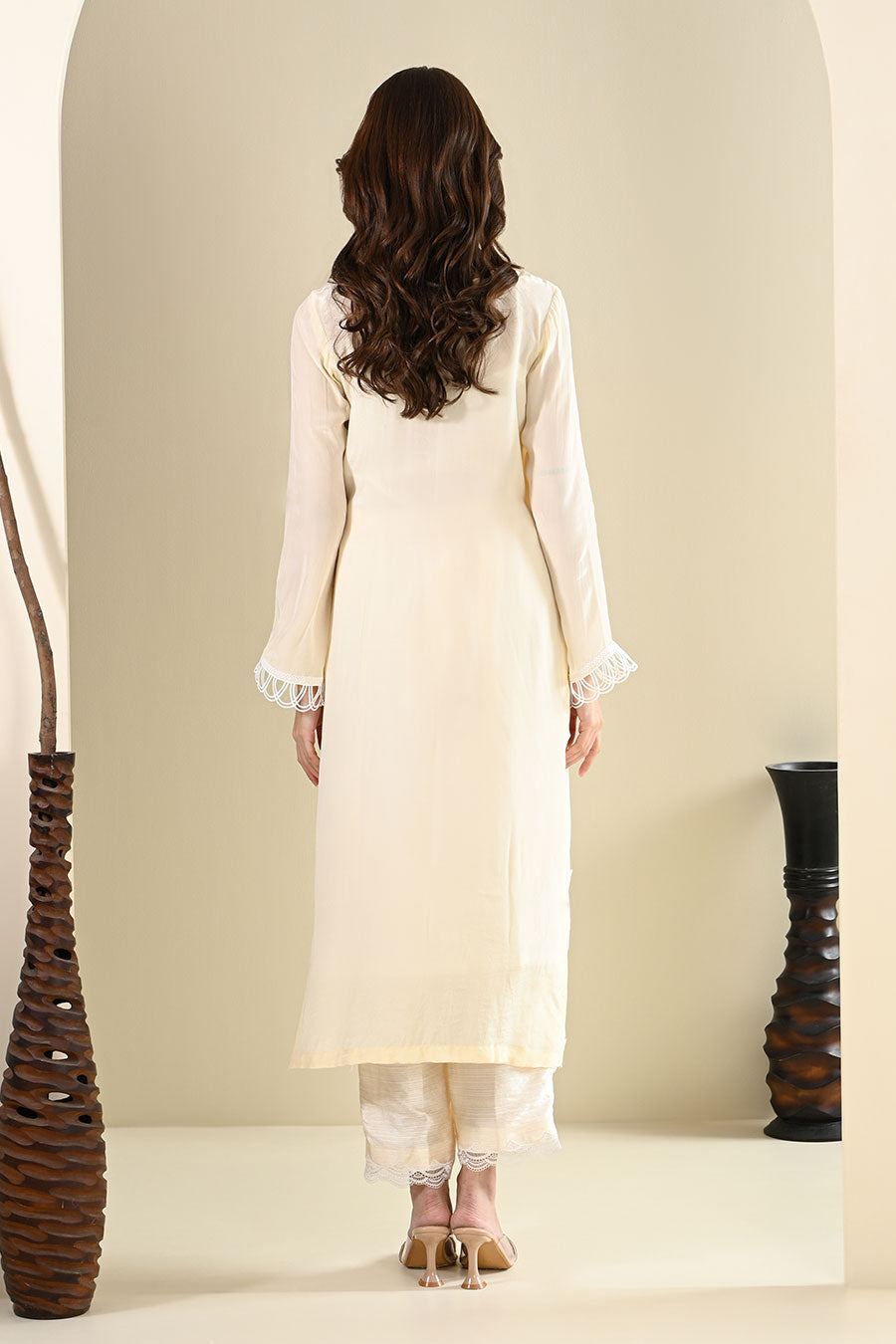 Cream Cotton Lace Embellished Kurta Set