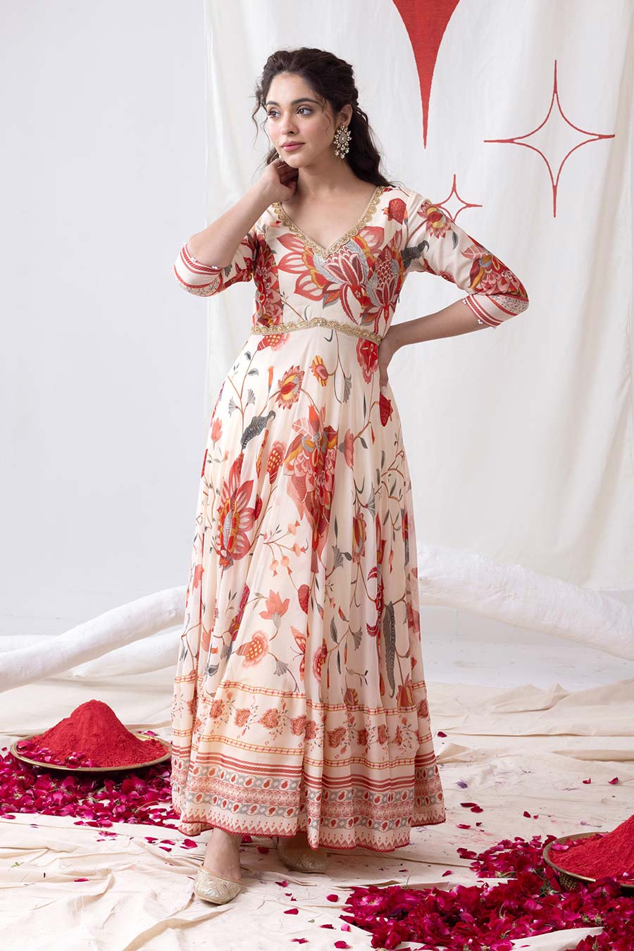 Mogra Off-White Printed Anarkali Set
