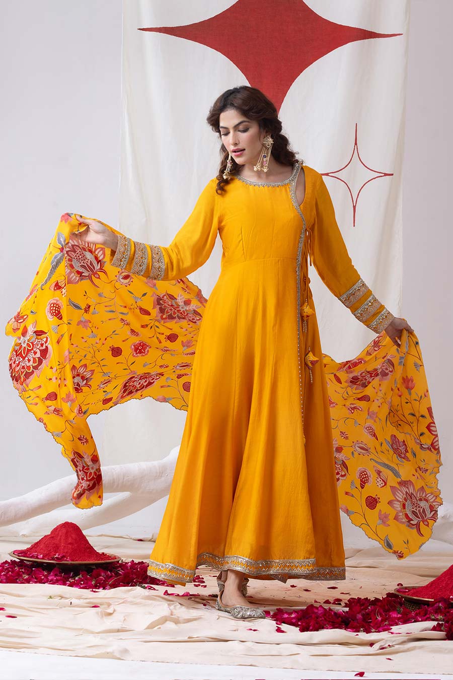 Surmai Yellow Embellished Angrakha Anarkali Set