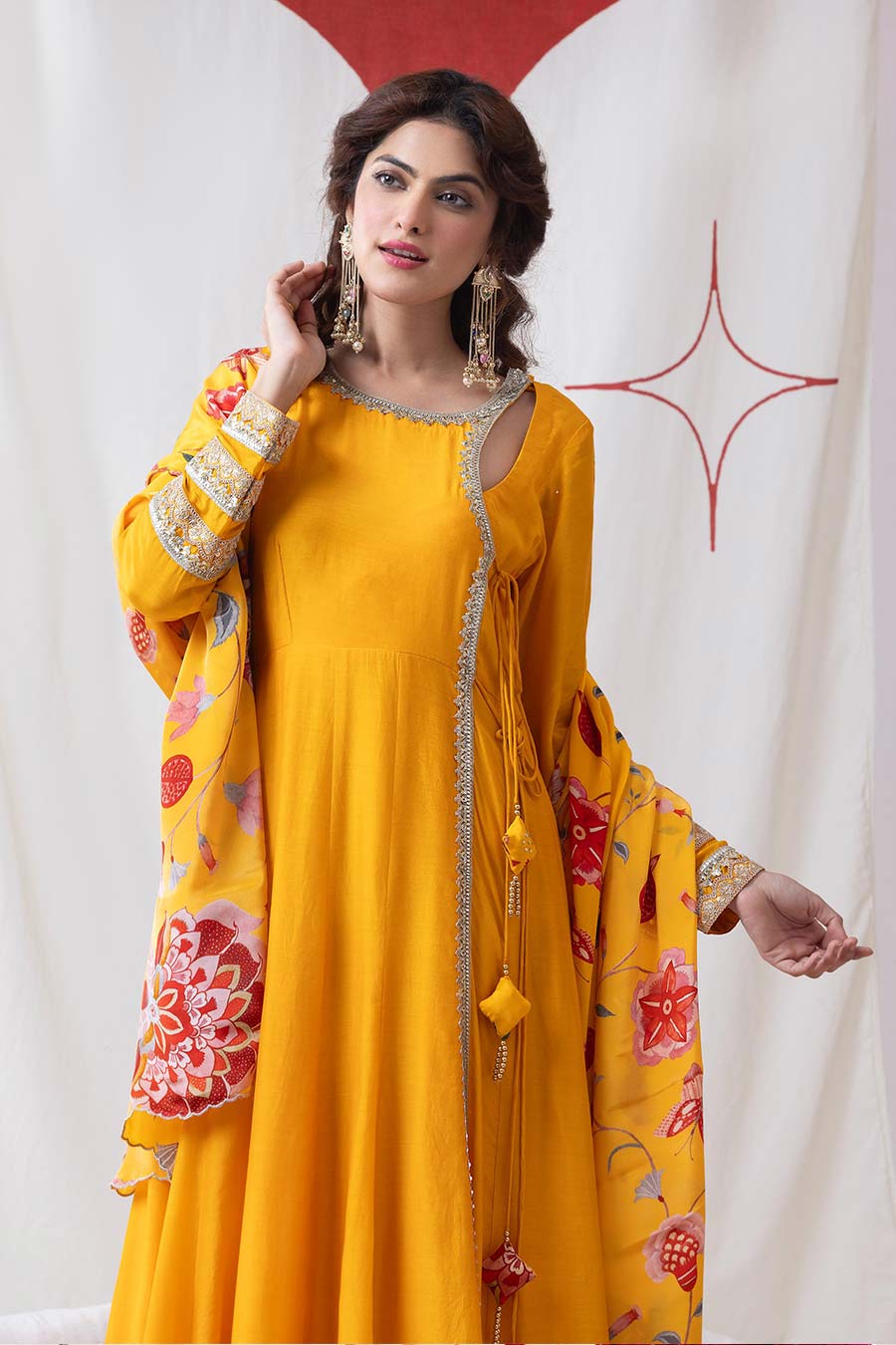 Surmai Yellow Embellished Angrakha Anarkali Set