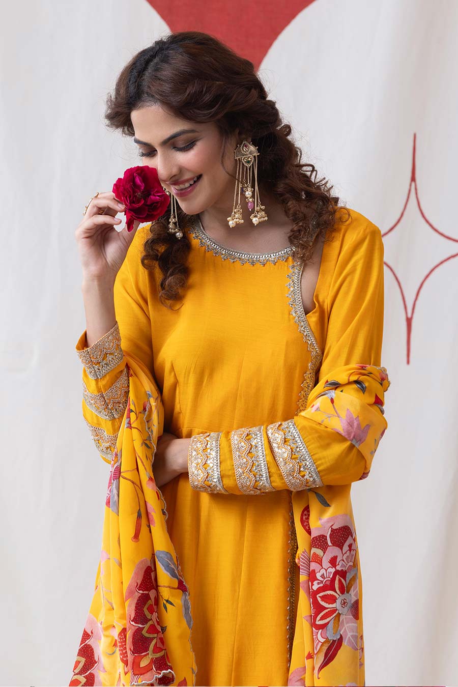 Surmai Yellow Embellished Angrakha Anarkali Set