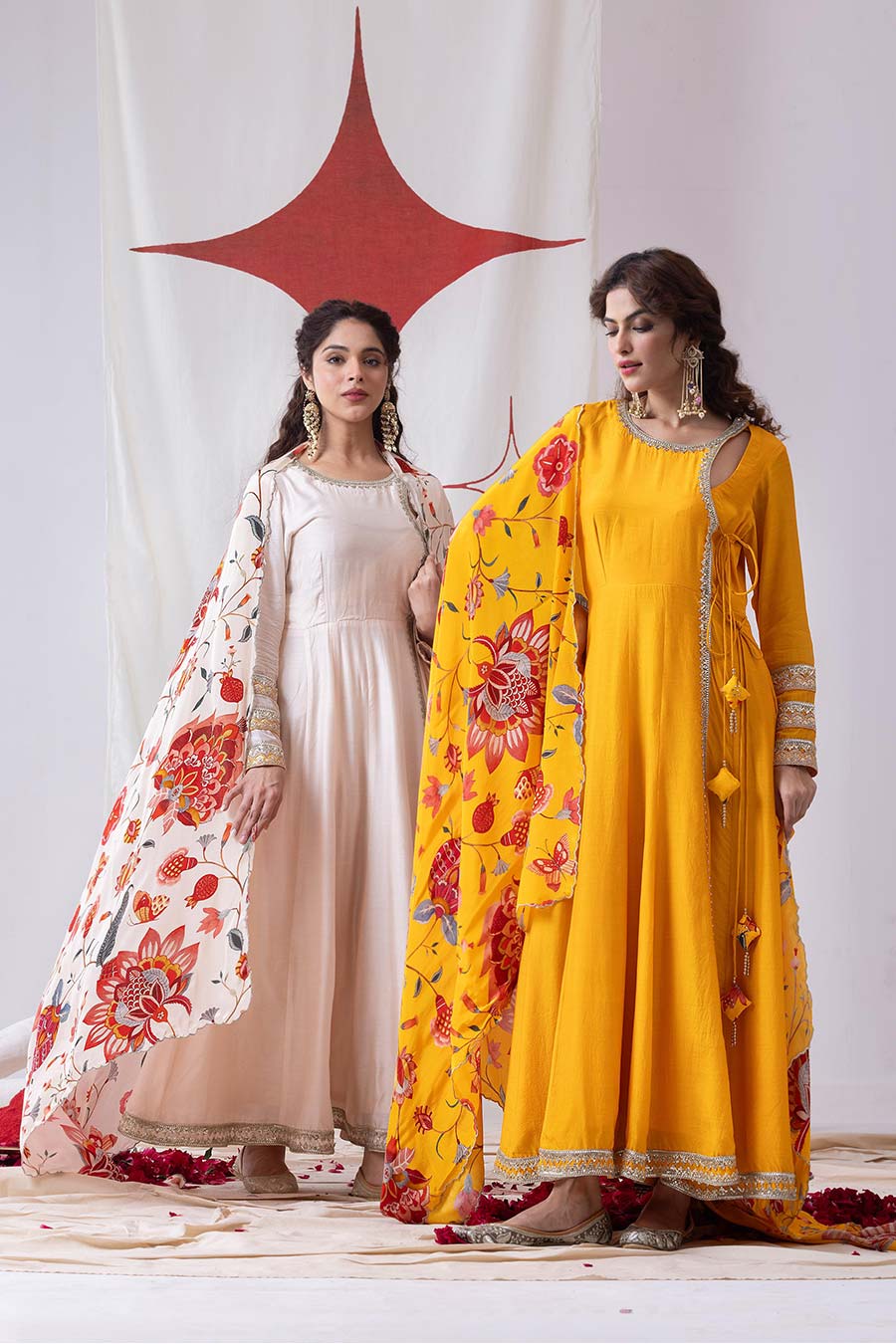 Surmai Yellow Embellished Angrakha Anarkali Set