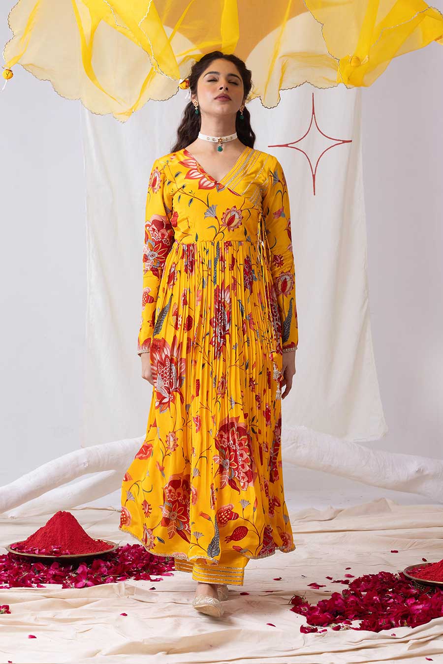 Gulnaar Yellow Printed Angrakha Anarkali Set