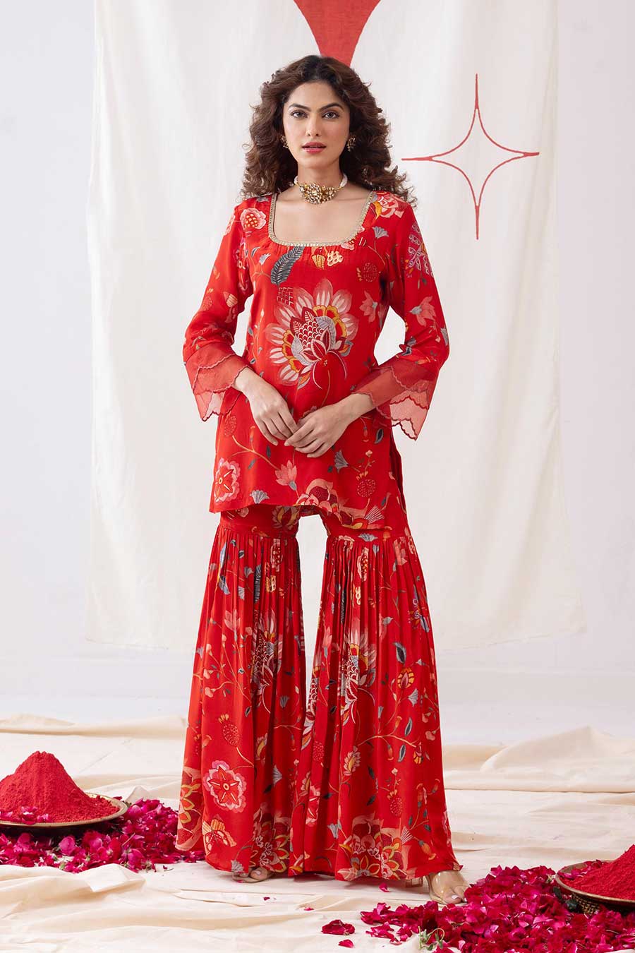 Ishq Red Printed Embellished Sharara Set
