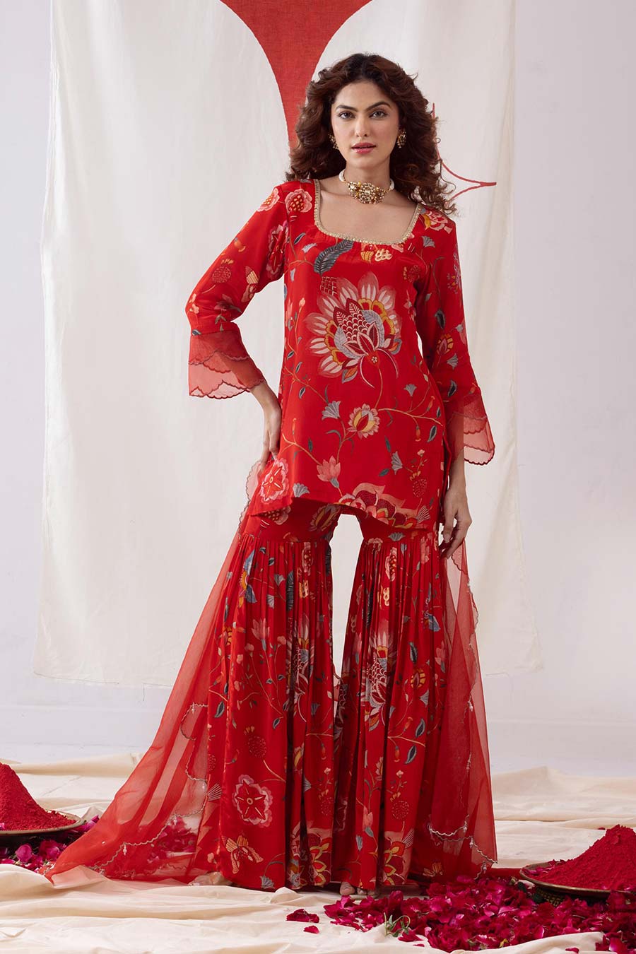 Ishq Red Printed Embellished Sharara Set