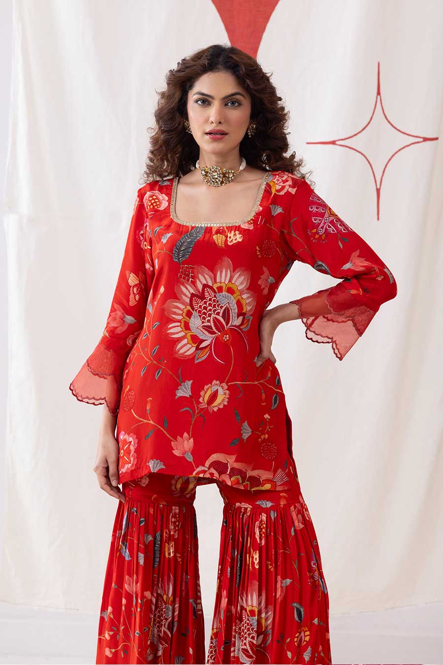 Ishq Red Printed Embellished Sharara Set