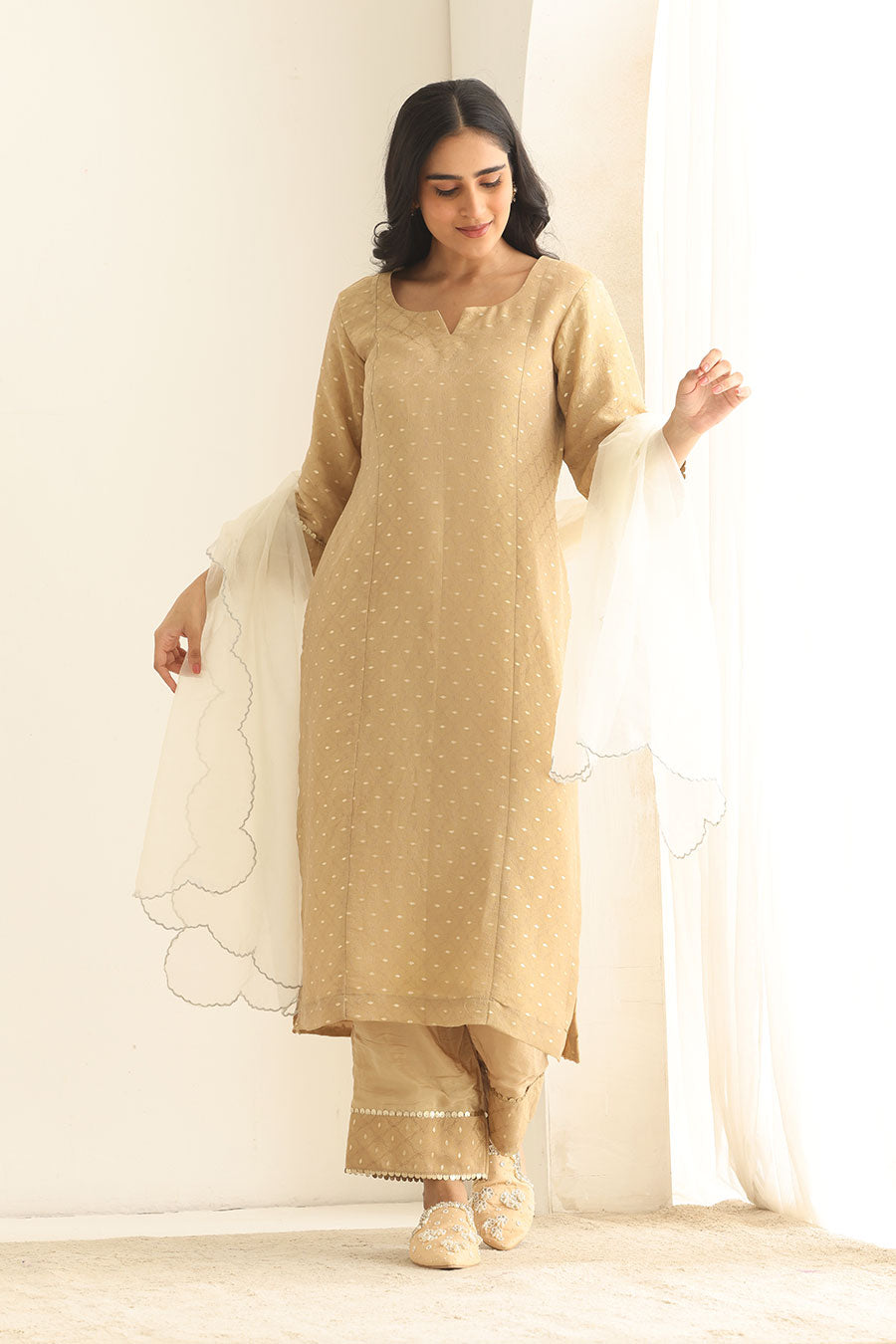 Dastaan Beige Banarsi Tissue Kurta Set