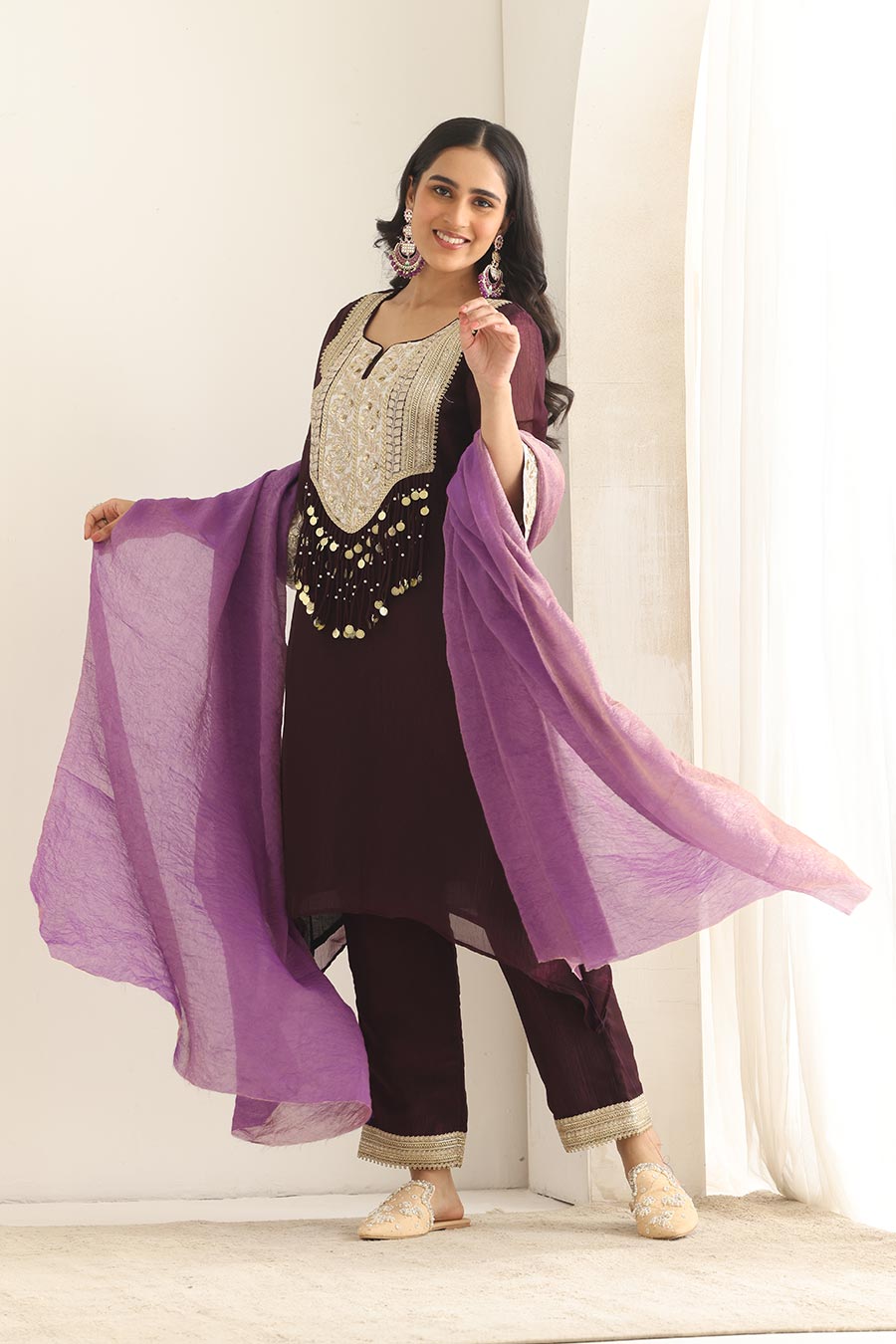 Meher Wine Silk Embellished Kurta Set
