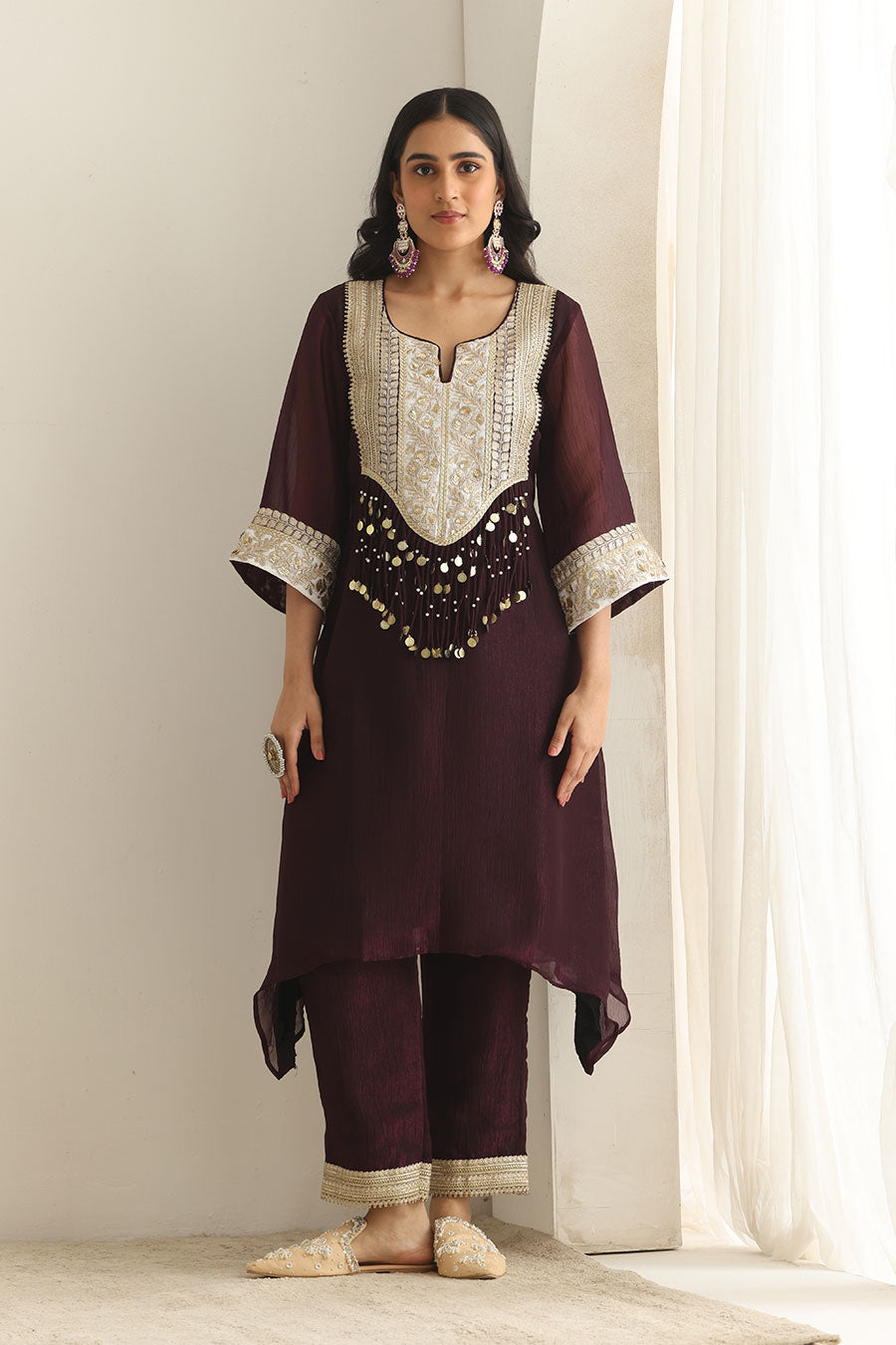 Meher Wine Silk Embellished Kurta Set