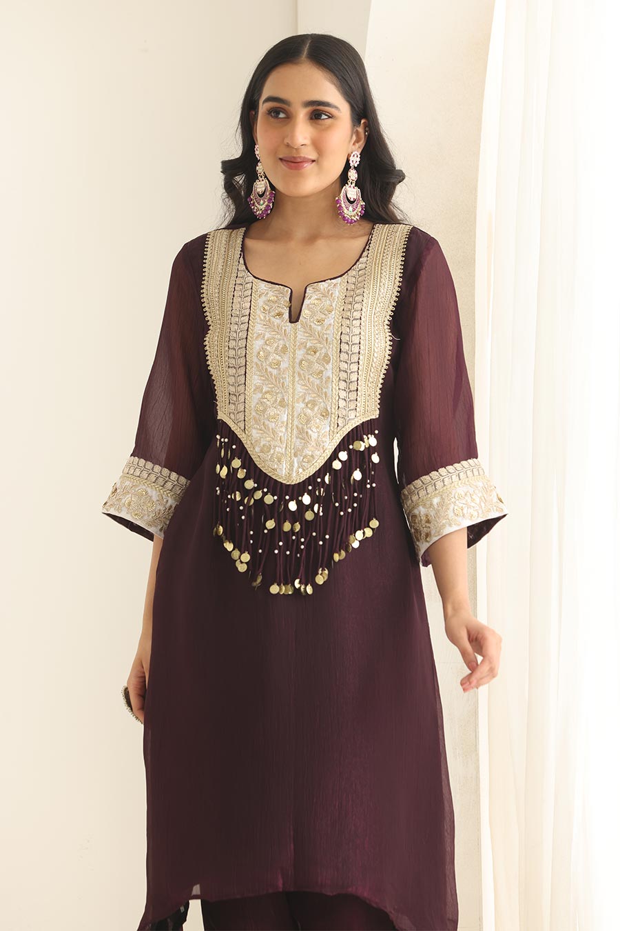 Meher Wine Silk Embellished Kurta Set