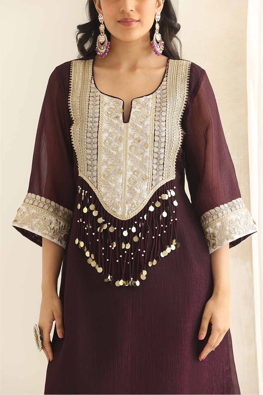 Meher Wine Silk Embellished Kurta Set