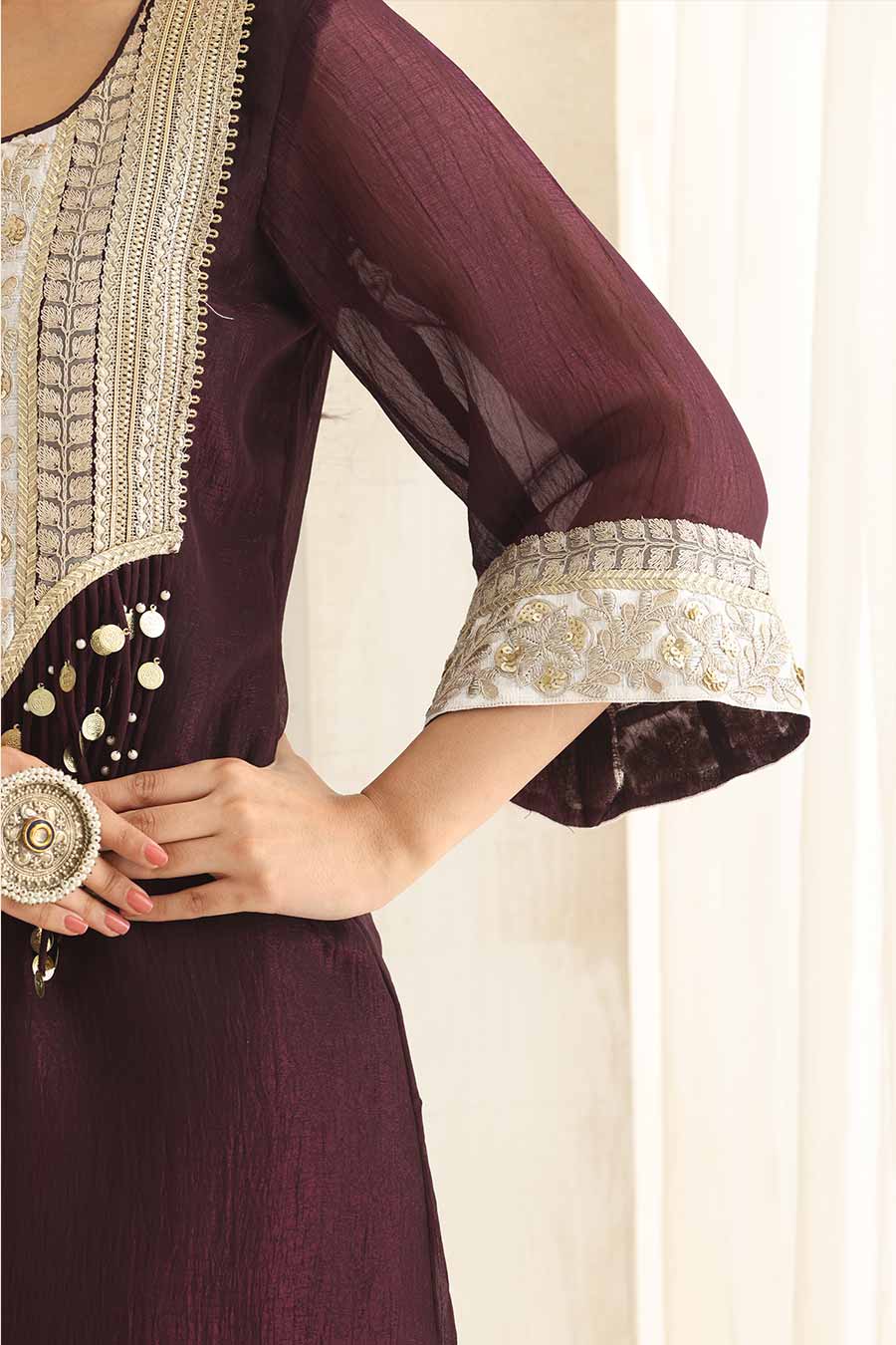 Meher Wine Silk Embellished Kurta Set