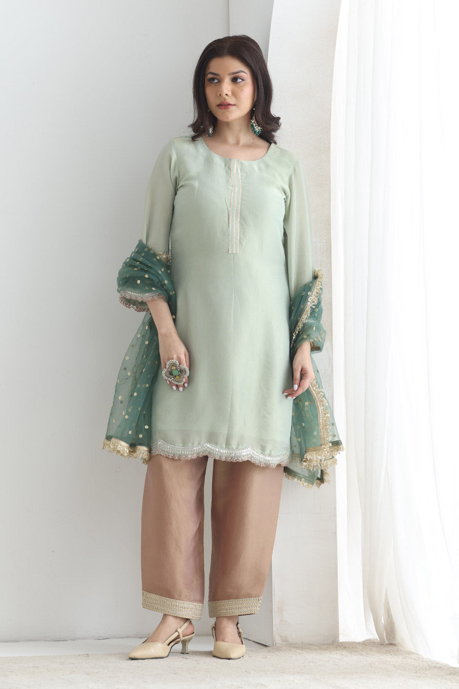 Rida Green-Brown Tissue Embellished Kurta Set
