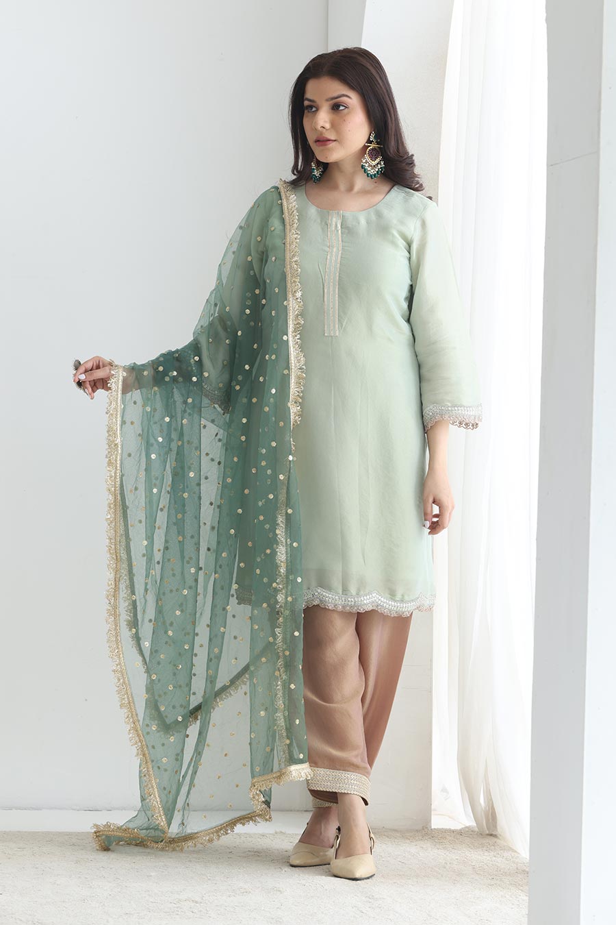 Rida Green-Brown Tissue Embellished Kurta Set