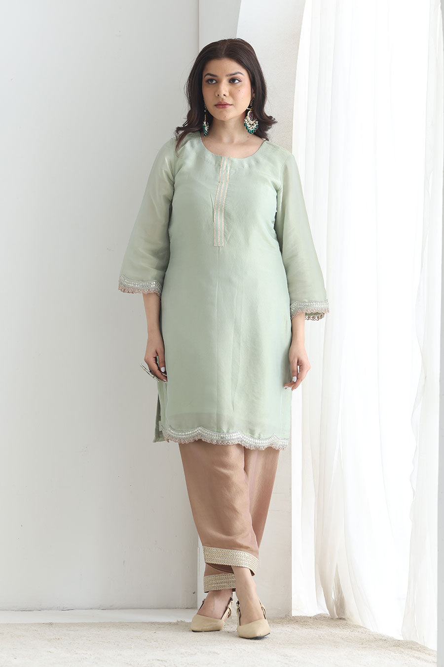Rida Green-Brown Tissue Embellished Kurta Set