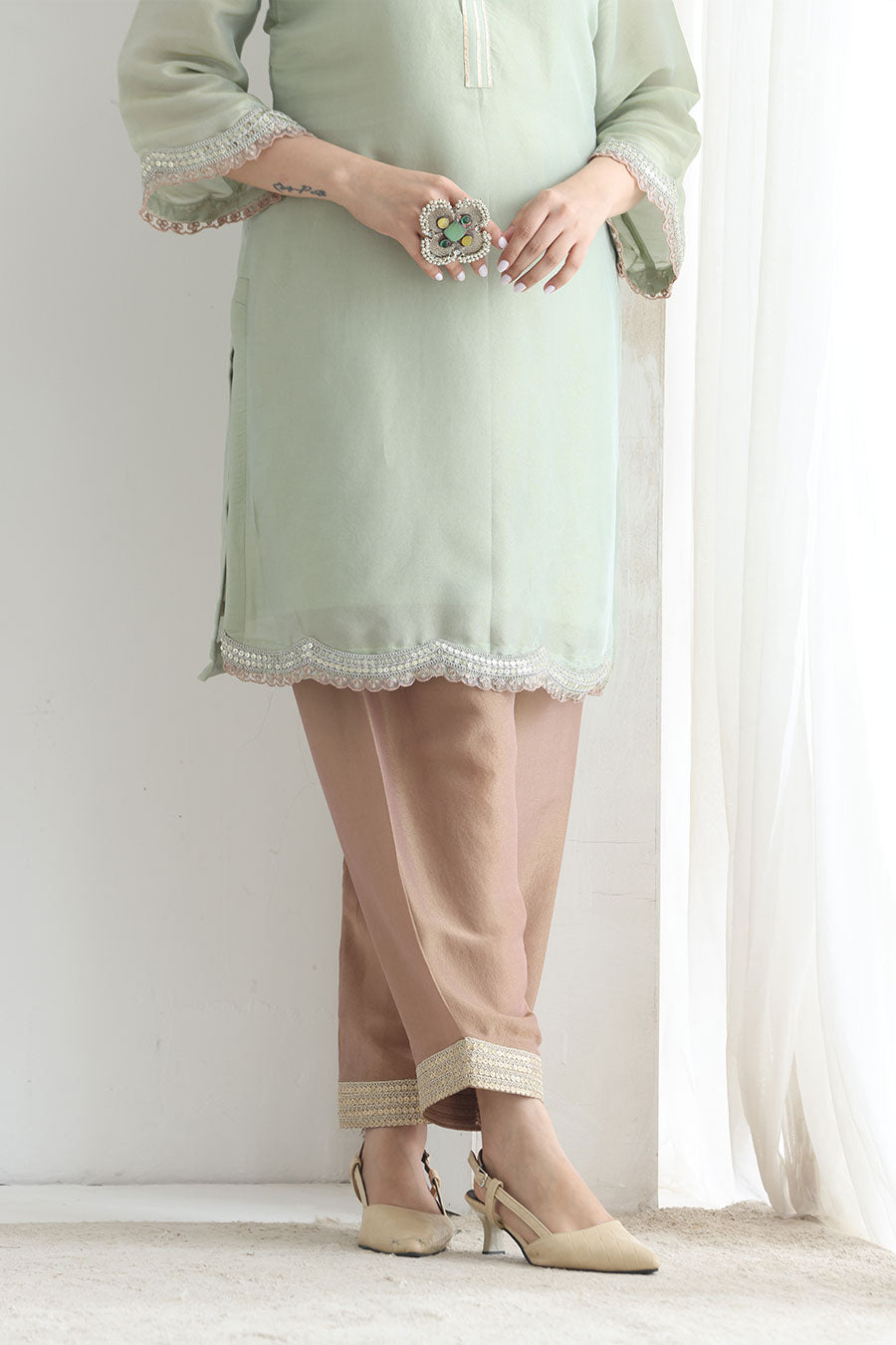 Rida Green-Brown Tissue Embellished Kurta Set