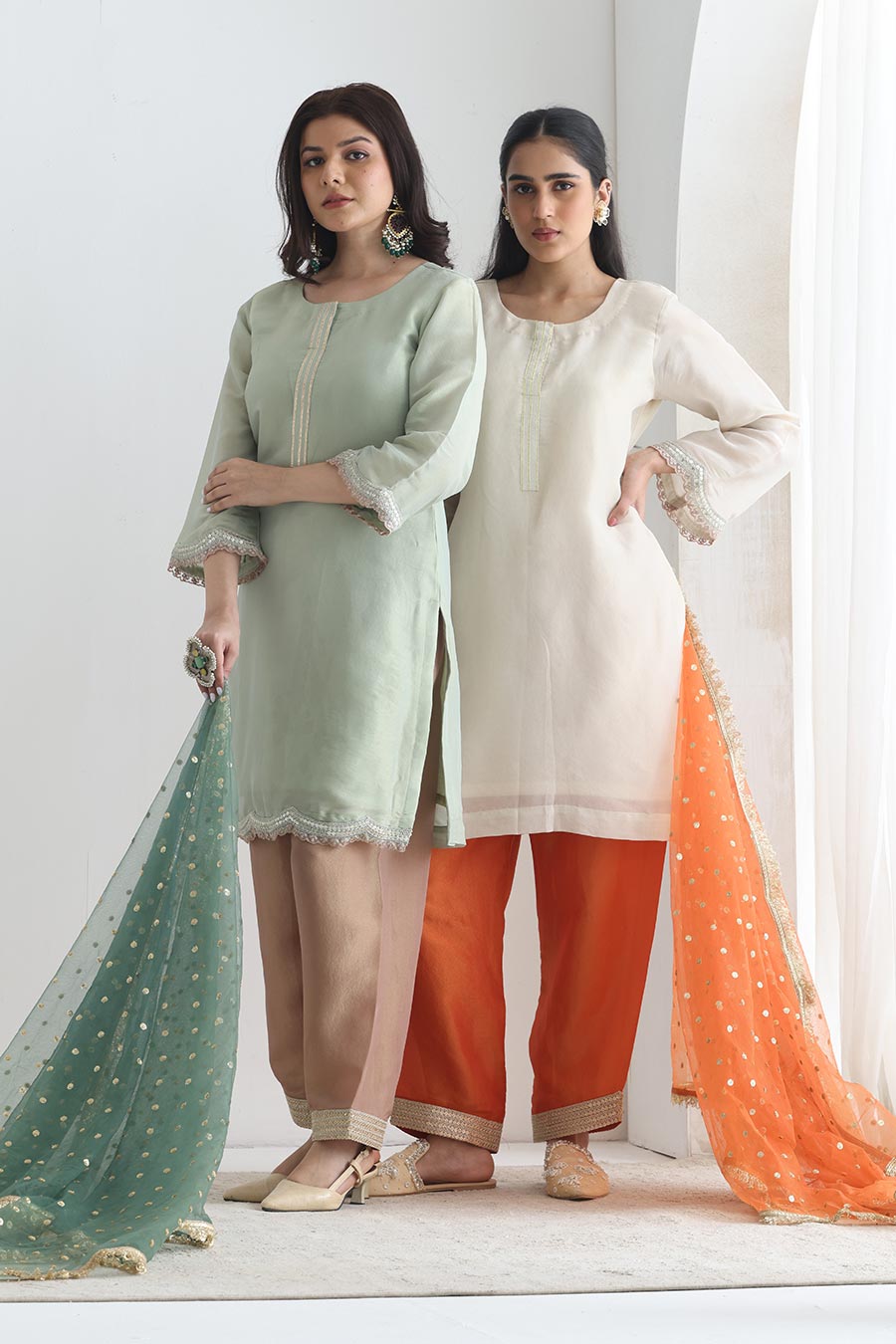 Rida Green-Brown Tissue Embellished Kurta Set