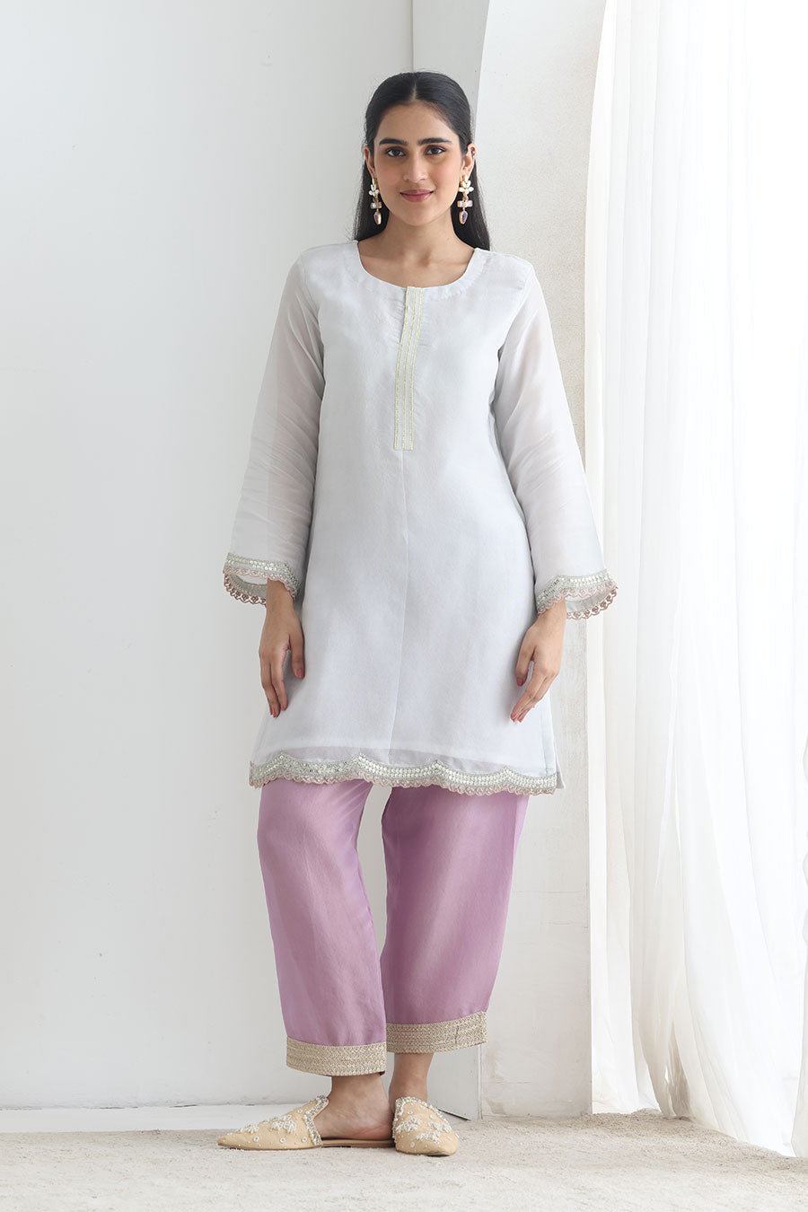 Jugni White-Purple Tissue Embellished Kurta Set