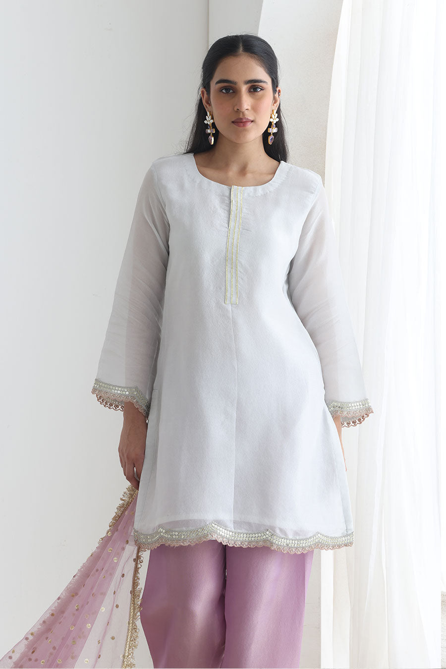 Jugni White-Purple Tissue Embellished Kurta Set