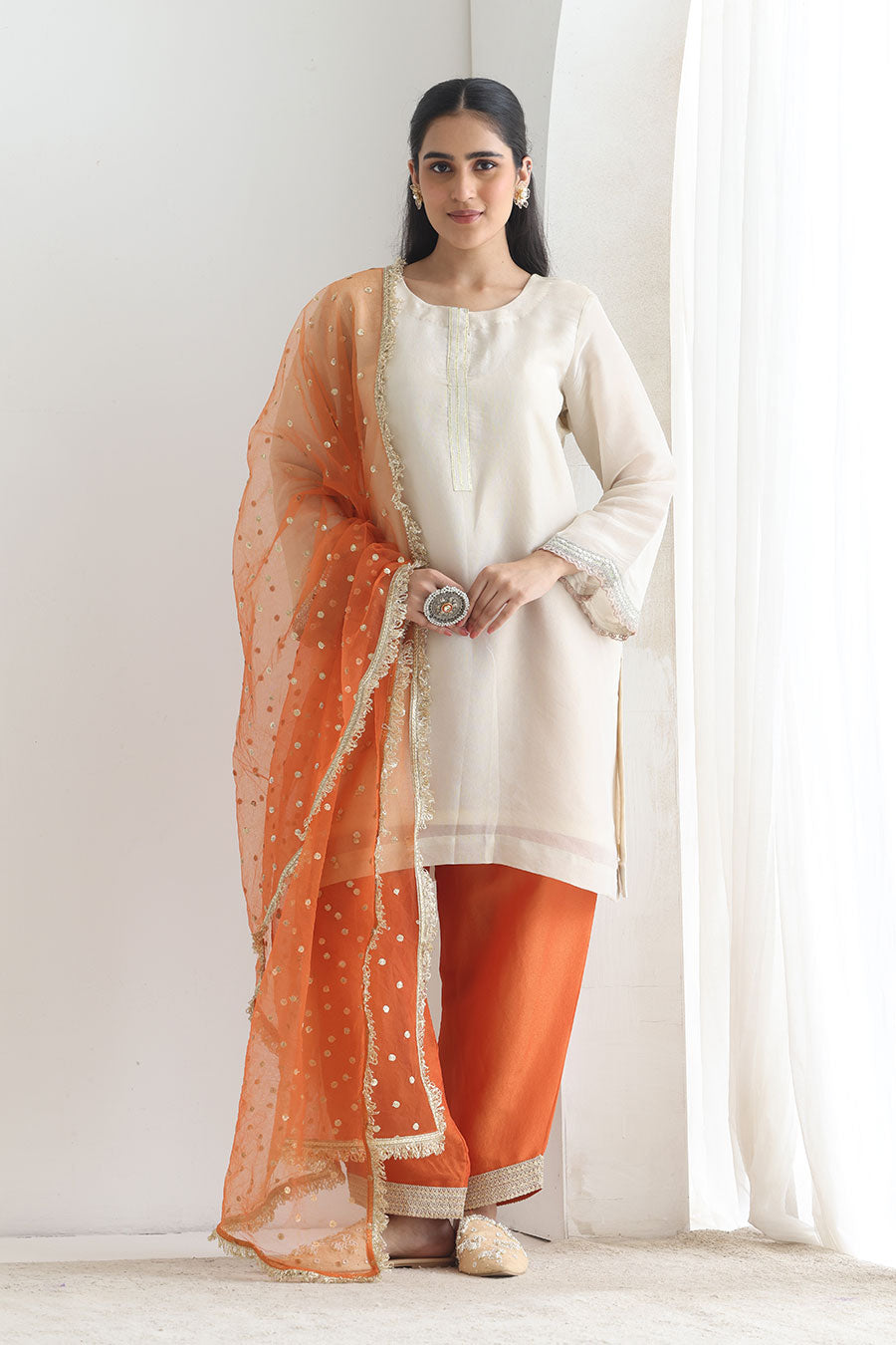 Ira White-Orange Tissue Embellished Kurta Set