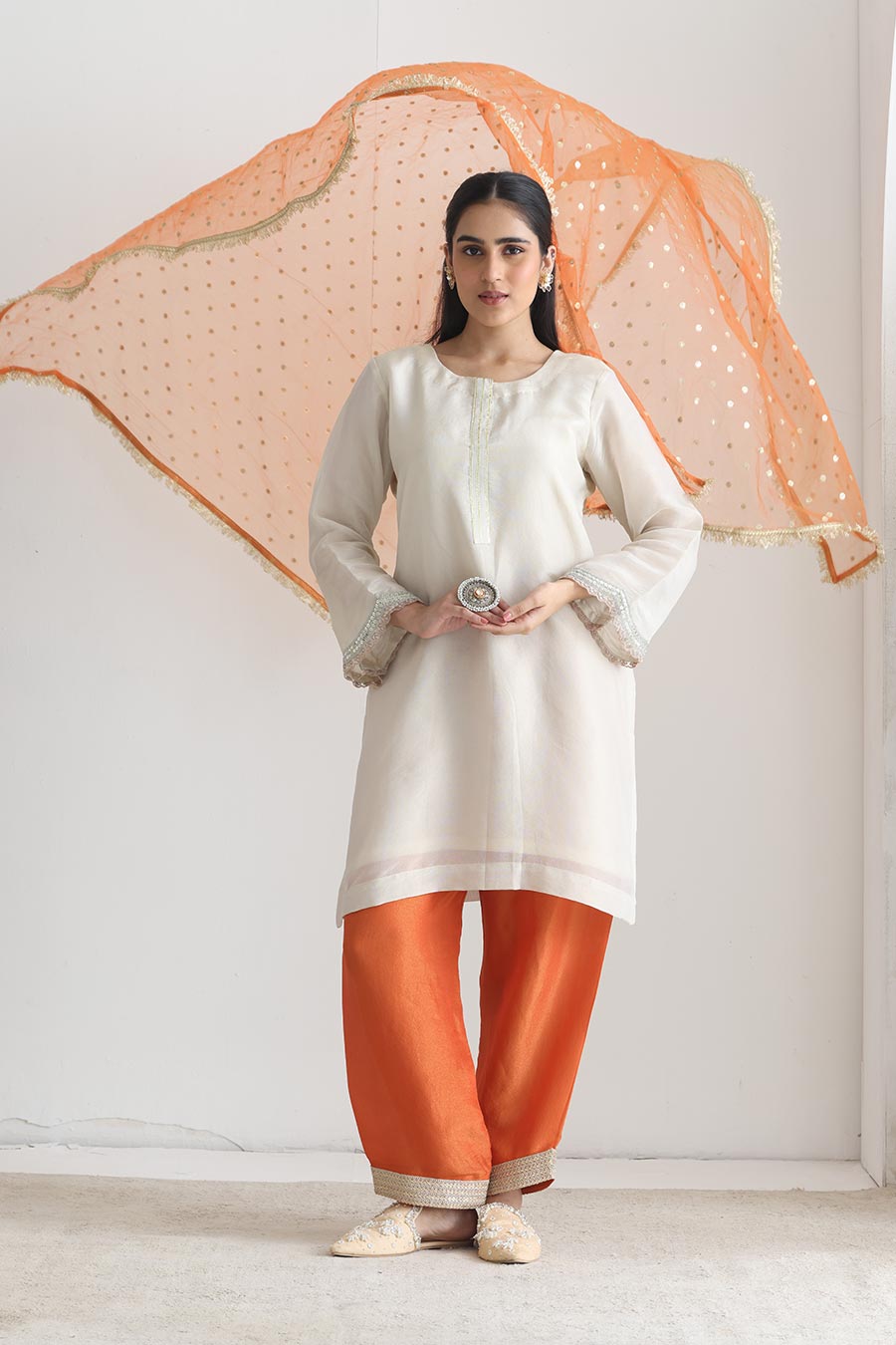 Ira White-Orange Tissue Embellished Kurta Set
