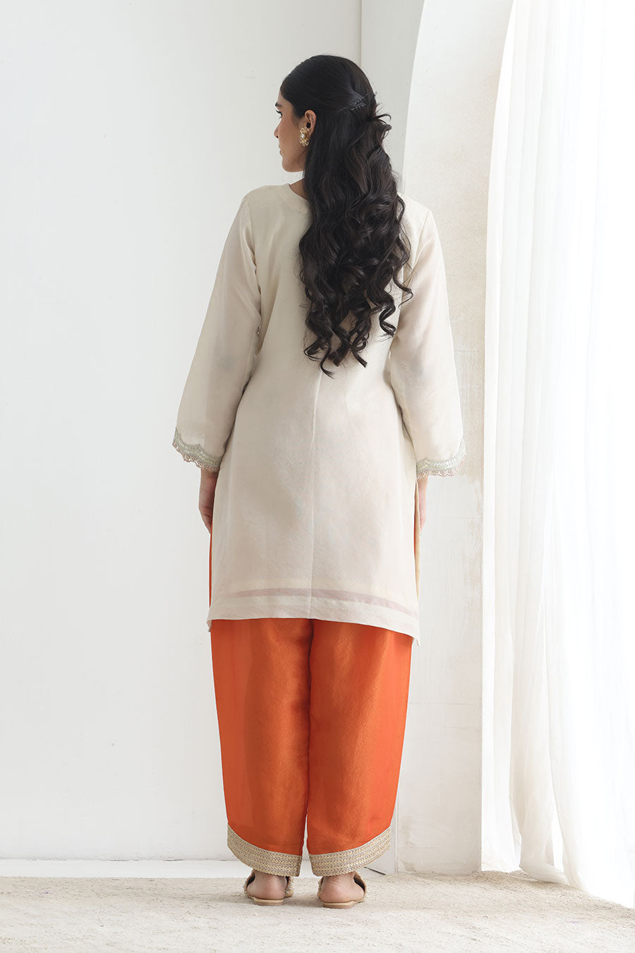 Ira White-Orange Tissue Embellished Kurta Set