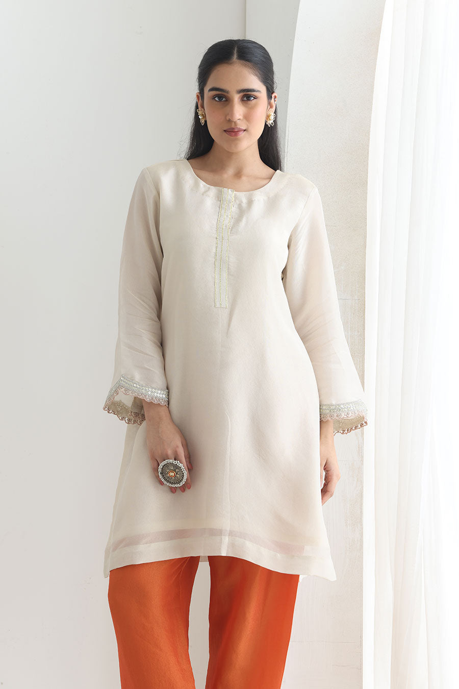 Ira White-Orange Tissue Embellished Kurta Set