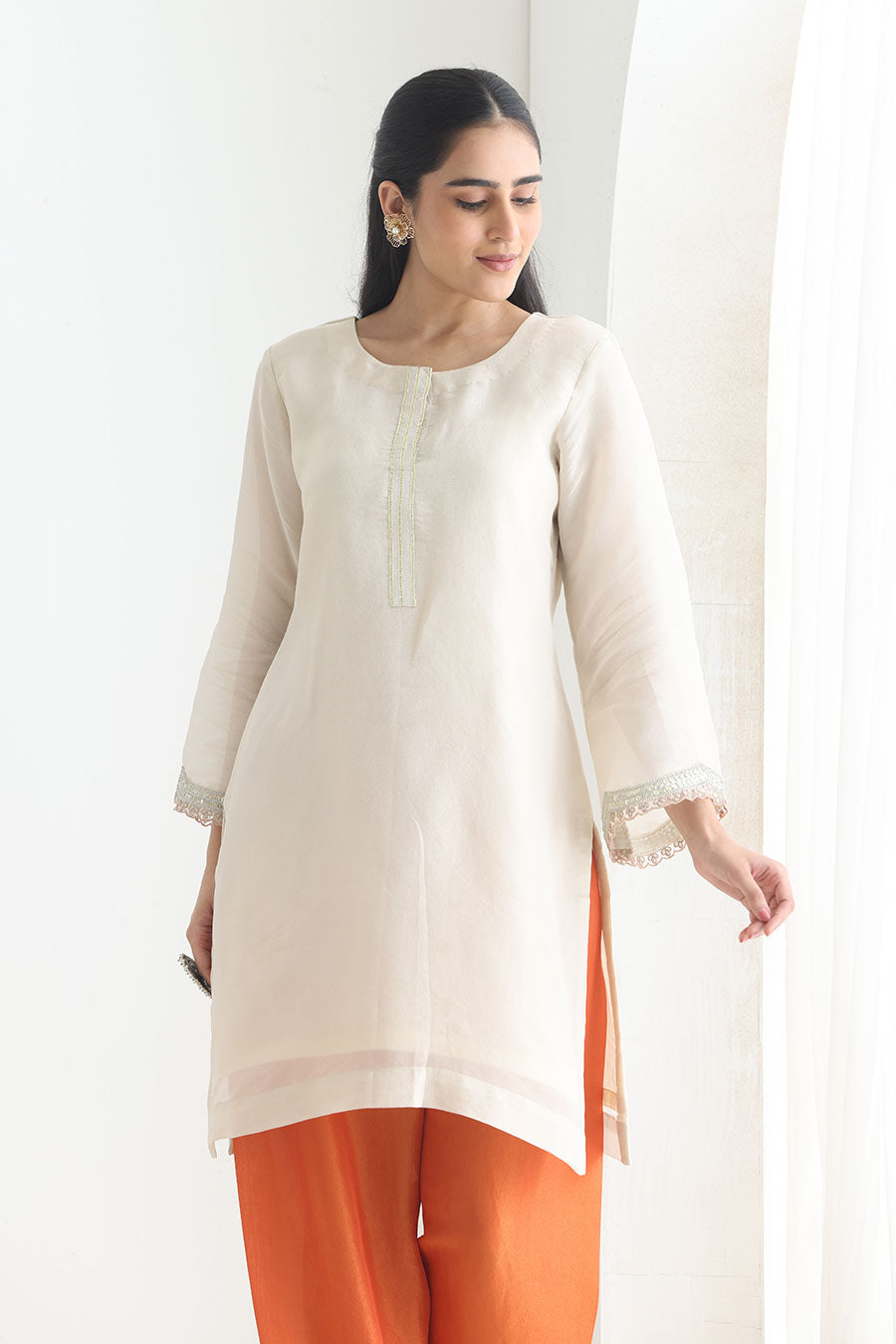 Ira White-Orange Tissue Embellished Kurta Set
